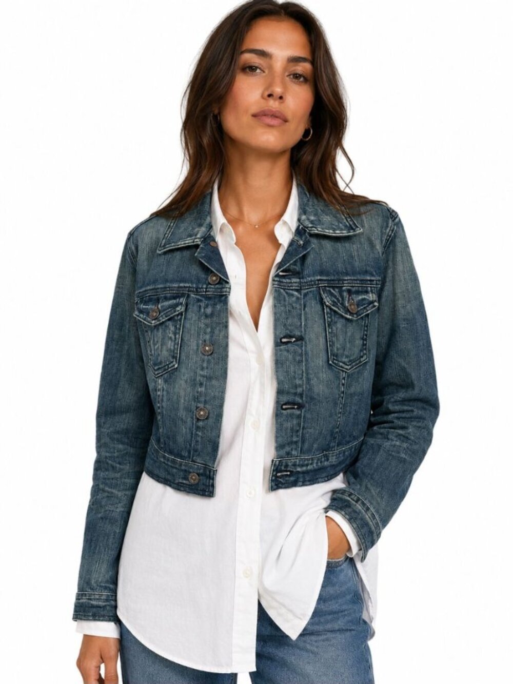 7 for All Mankind Cropped Jean Jacket Trucker Classic Retro Blue Denim Size S